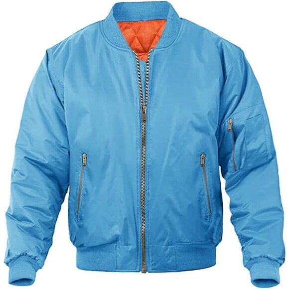 Men's Bomber Jacket Casual Sky Blue Winter Coats Zipper Pocket Design Outwear